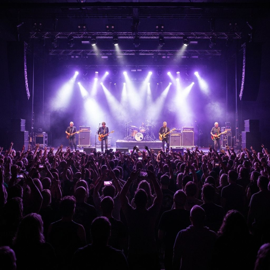Wide shot of rock concert crowd