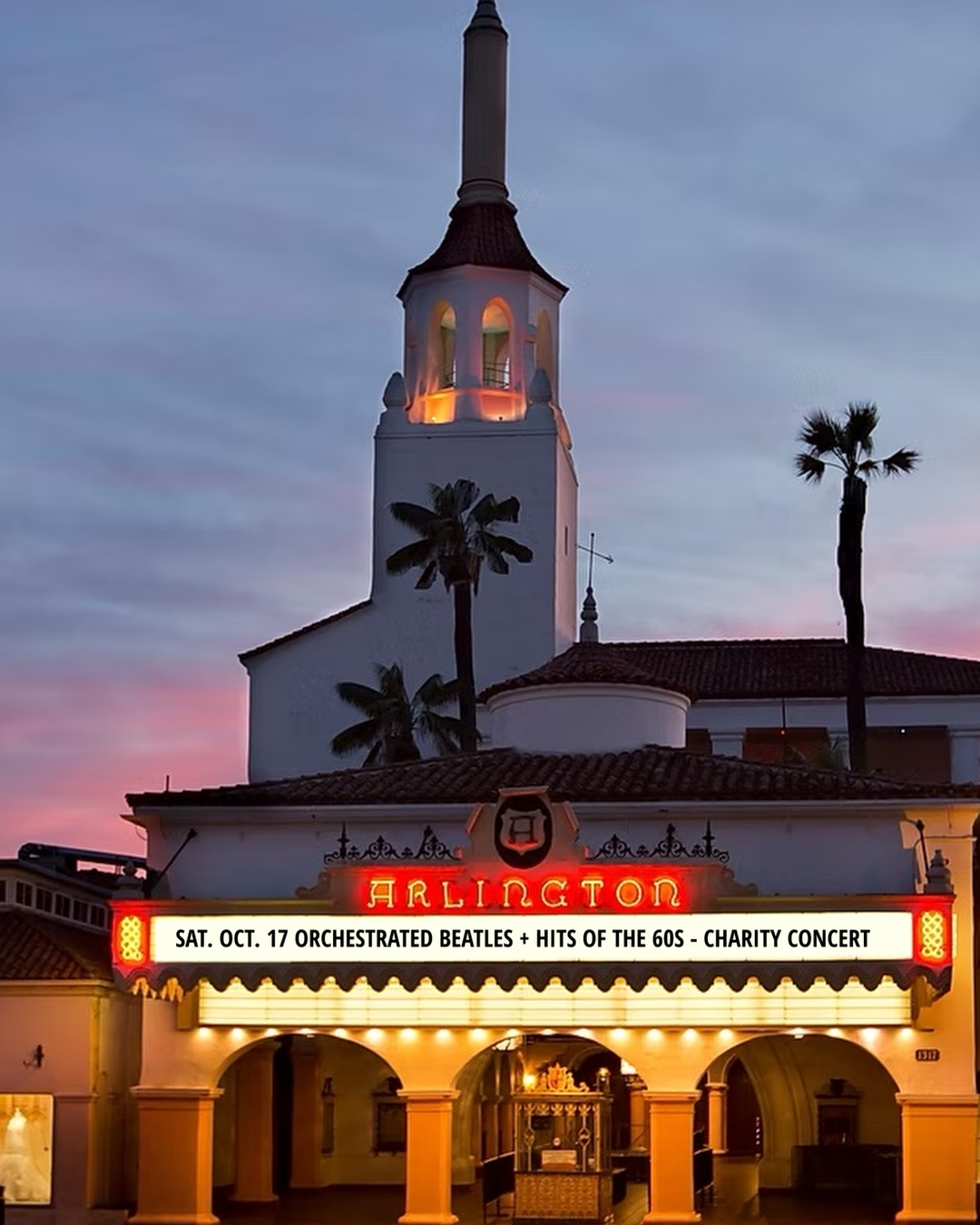 The historic Arlington Theatre in Santa Barbara at dusk